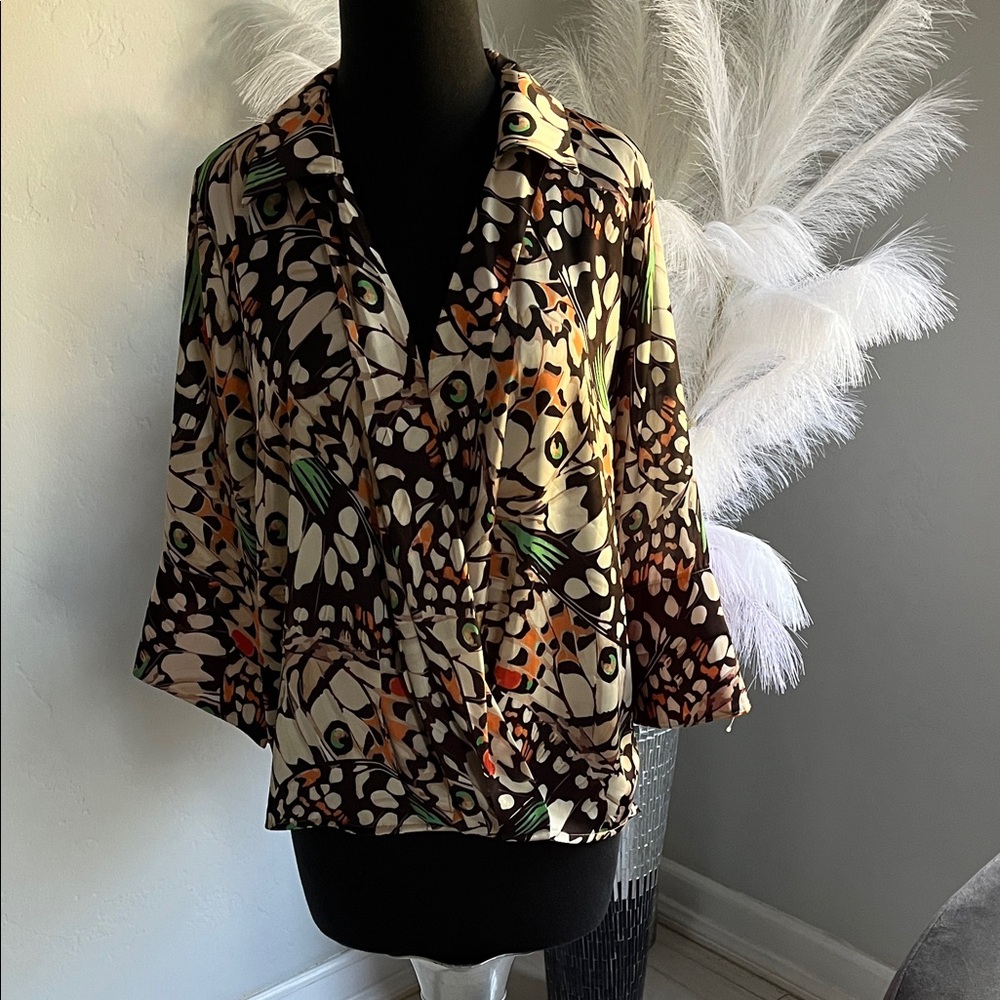 Abstract Print Relaxed Button-Up Blouse in Brown and Cream